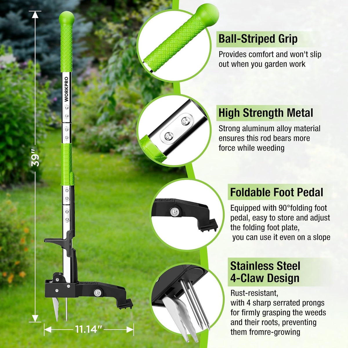 WORKPRO Stand Up Weed Puller Tool, Garden Dandelion Weeder Puller with Ergonomic 39" Long Handle, 4 Claws Steel Head & Foldable Foot Pedal, Heavy Duty Root Remover Tool Without Bending or Kneeling