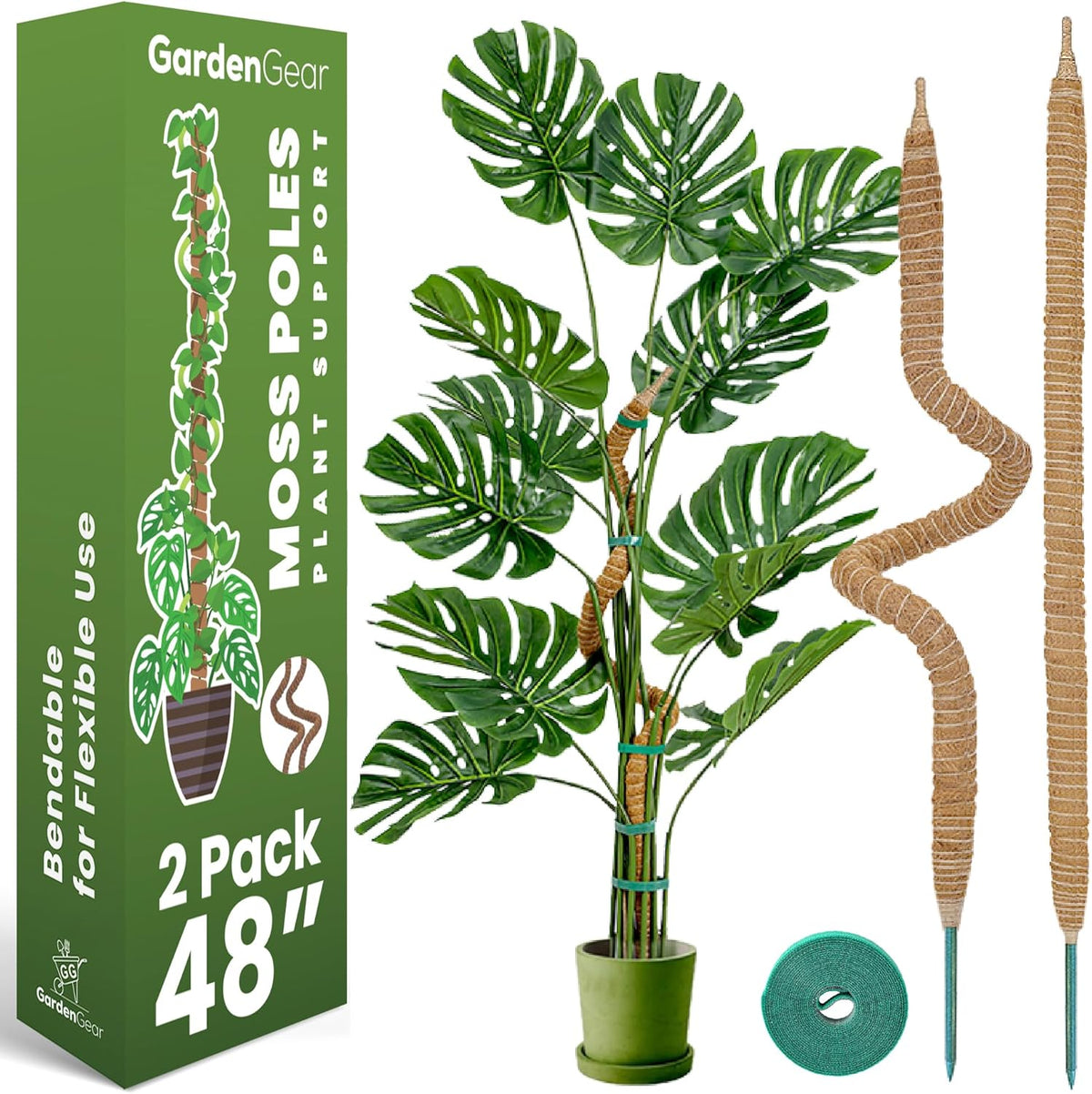 2 Pack 48 Inch Bendable Moss Pole Monstera Plant Support Stakes for Indoor Plants - Tall Moss Stick Trellis for Potted Climbers - Stem Support Accessories for Climbing Houseplants
