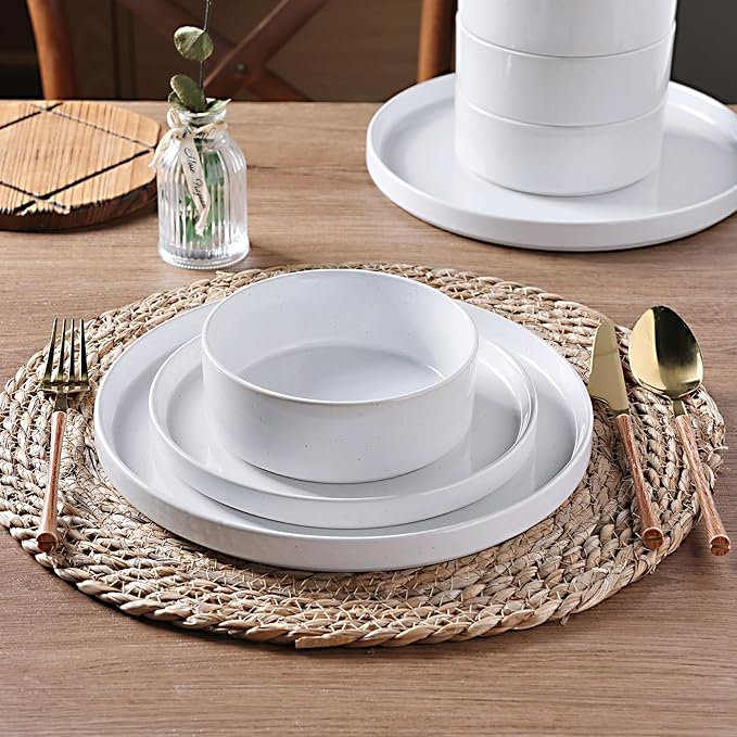 GBHOME Dinnerware Set for 4, 12 Piece Speckled Plates and Bowls Set with Glazed Bottom, Chip & Scratch Resistant Stoneware Plates Sets, Dishwasher & Microwave Safe Dishes (White, Service for 4)