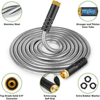 Garden Hose 100ft, Stainless Steel Heavy Duty Water Hose with 10 Function Nozzle Flexible, Lightweight, No-Kink, Pet Proof, Puncture Proof Metal Hose for Yard, Outdoor