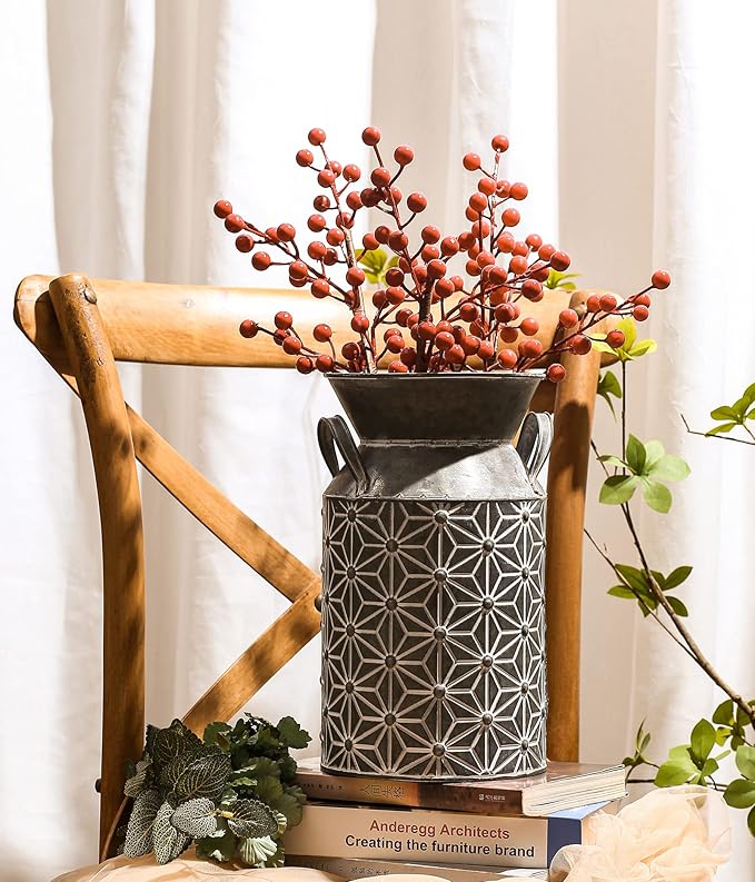 Vintage Galvanized Metal Milk Can, Farmhouse Decorative Flower Vase, Rustic French Country Milk Jug for Home Decor,10.6''H…