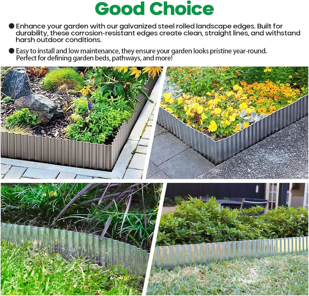 Corrugated Metal Garden Edging, Sturdy Tall Landscape Edging Borders, Perfect DIY for Flower Beds, Lawn and Pathway, Tree Surrounds, Paver Edges (Silver, 10"×20FT)