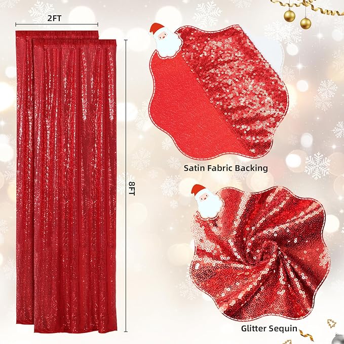 SquarePie Sequin Backdrop Curtain Non-Transparent Sparkly Background for Christmas Wedding Party 2FT x 8FT Red 2 Panel