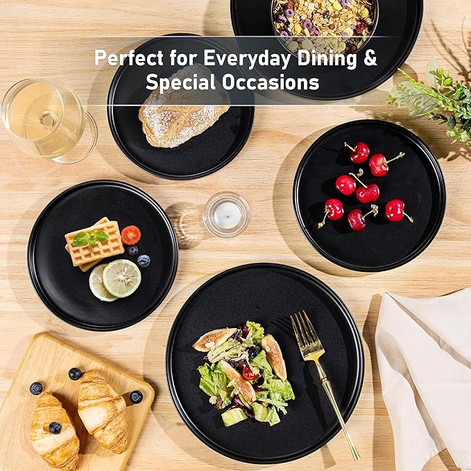 GBhome Ceramic Dinnerware Sets for 6, Matte Stoneware Plates and Bowls Sets,Chip and Scratch Resistant Dishes, Dishwasher & Microwave Safe, Oven safe,Reactive Glaze-Black