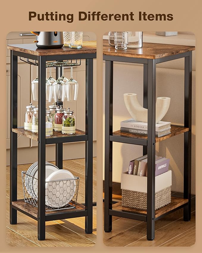 3-Piece Bar Table Set for 2, Table with Stools & 2 Storage Shelves, Small Bar Table Set with Glass Rack, Small Kitchen Table for Dining Room, Living Room, Rustic Brown
