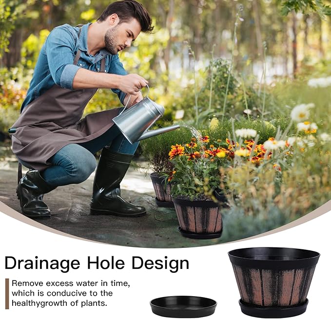 Quarut 6 inch Brown Barrel Planters with Drainage Holes & Saucer, Set of 4, Indoor & Outdoor Garden Home Plants