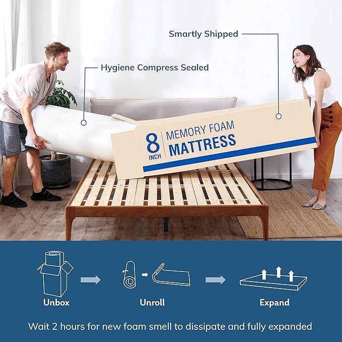 EGO 8 Inch Full Memory Foam Mattress - Green Tea & Cooling Gel, Medium Firm, CertiPUR-US Certified, Double Mattress, 54"x75", White