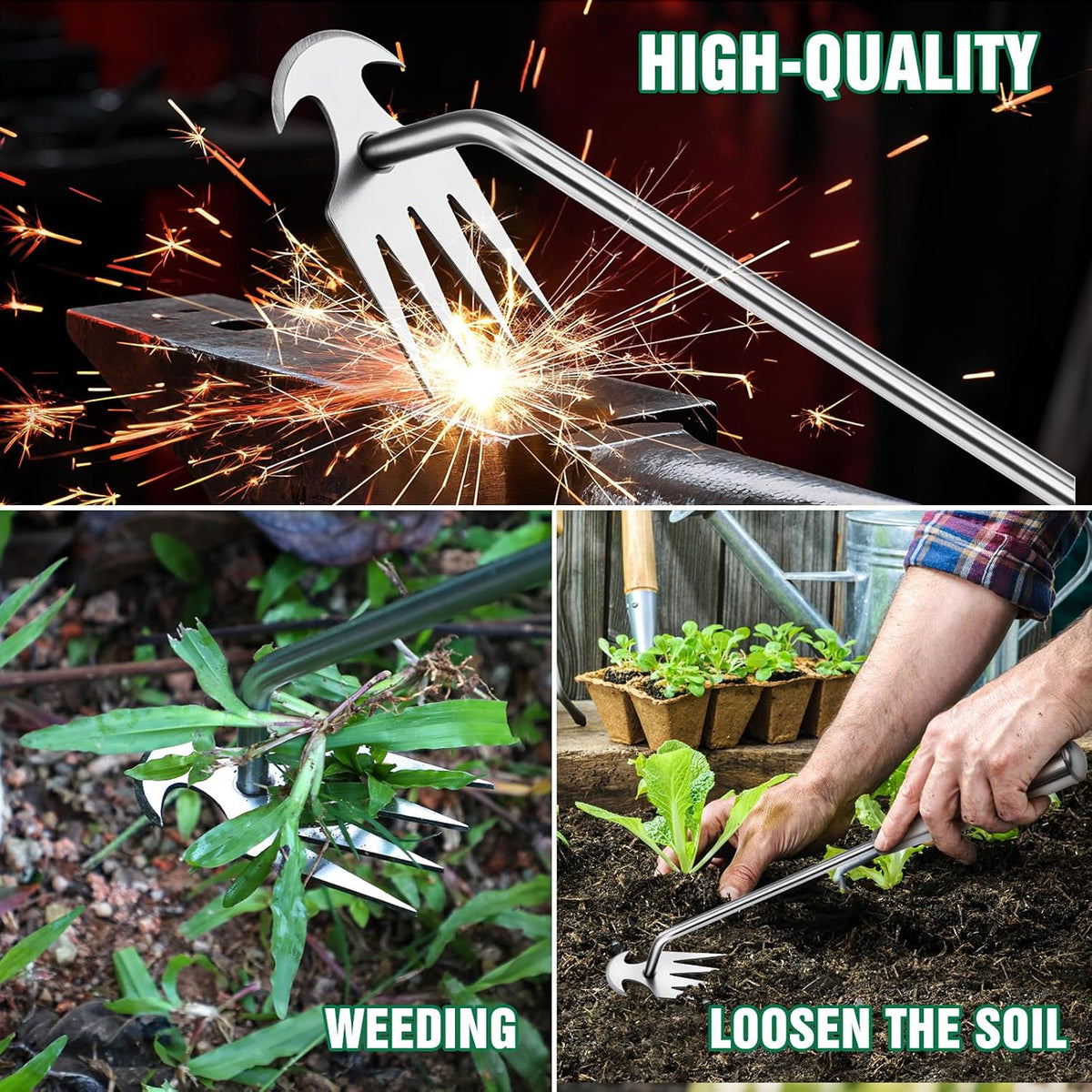 Hand Weeder Tool, Stainless Steel Handle Manual Weeder Tool, Pull Up Weeder Tool, Weed Discharge Tool, 4-Tooth Weeder Tool, Weeder Tool for Gardening 16inch