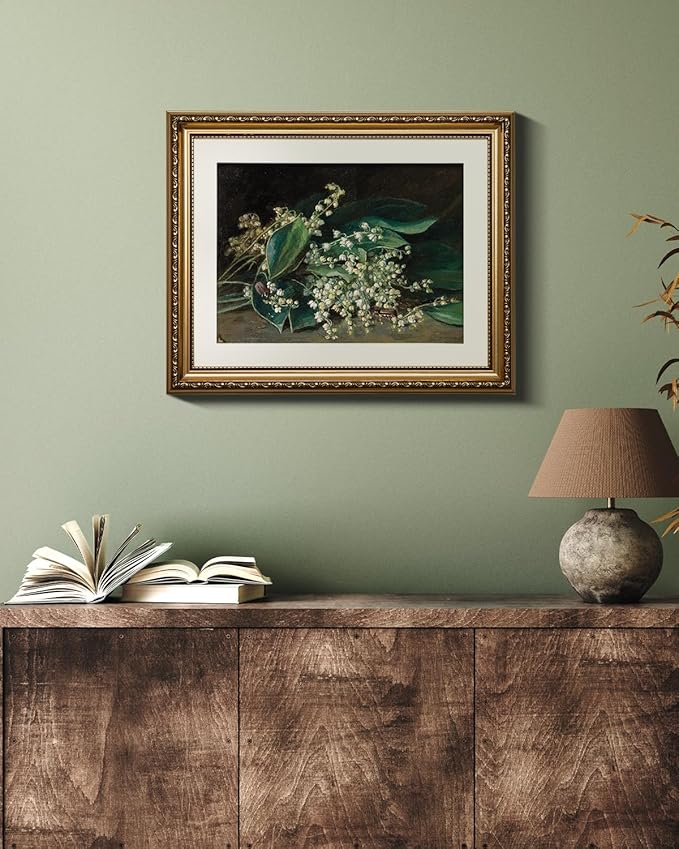 VIYYIEA Gold Framed Wall Art Canvas Print Home Decor Botanical Plant Wall Art Prints Bathroom Wall Decor Green Suzuran Plant Flower Wall Picture for Bedroom Floral Kitchen Art Boho Room Decor 13x16in