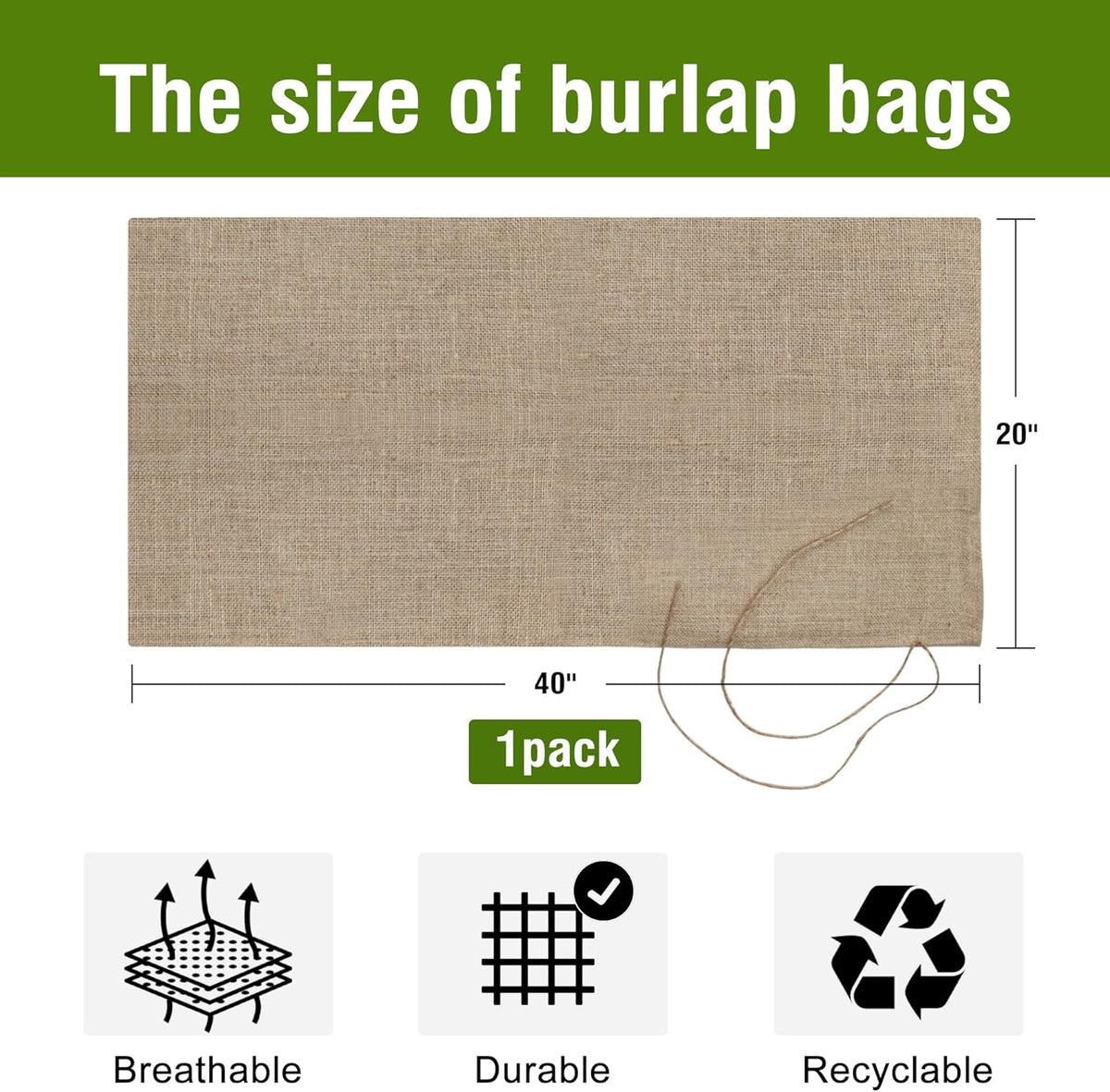 Agfabric Burlap Sack 1pack 20"×40" Burlap Storage Bag with Strings, Reusable Potato Storage Bag for Food Storage Plant Gardening Planting, Food Grade, 1piece