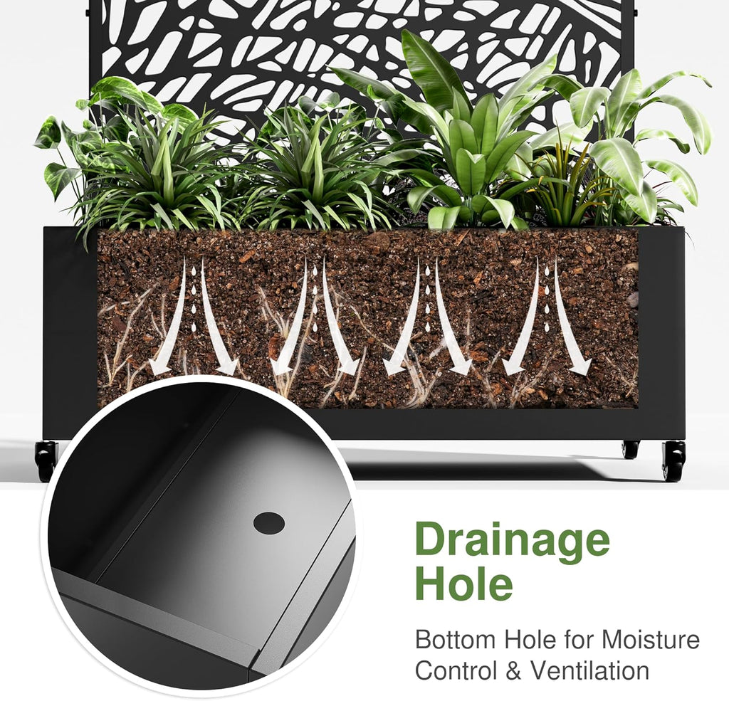 Casaphoria Metal Raised Garden Bed with Trellis and Wheels, 72"x47"x16" Planter Box for Climbing Plants, Vegetables & Vines, Features Drainage Holes and Privacy Screen (Black-Net)