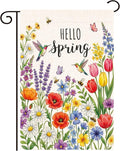 Spring Summer Floral Welcome Garden Flag Hello Spring Tulip Lavender Garden Flag 12x18 Inch Double Sided 12x18 Inch Double-Sided Linen Holiday Outdoor Yard Decorative Flag