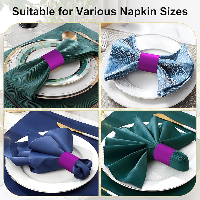 Polymer Material Reusable Napkin Band, Glue-Free Tear-Proof Water Resistant Oil-Proof Napkin Bands Set of 50(Front Purple Color and Back White), 6 Adjustable Sizes Napkin Rings