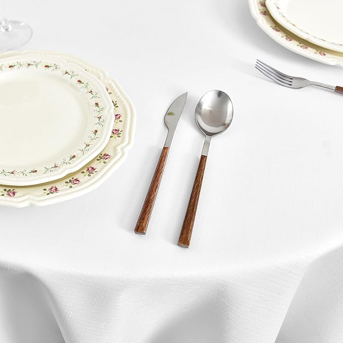 Fitable Faux Linen Round Tablecloths 60 Inches - 2 Pack Textured Table Clothes Faux Burlap Table Covers for Kitchen, Dining Room, Party, Farmhouse, Outdoor (Great for 20"-48" Round Tables, White)