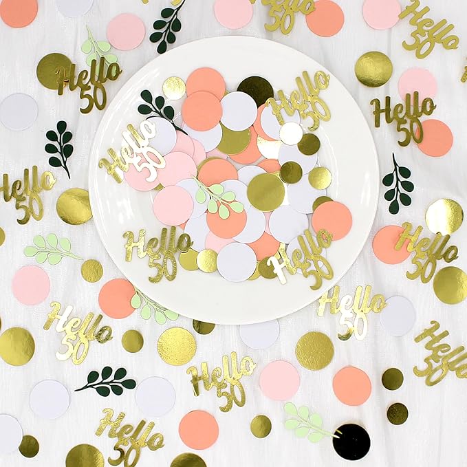 300PC 50TH Birthday Confetti for Table Pink and Sage Green Happy 50TH Birthday Decorations for Women Dots Hello 50 Confetti Scatters Fifty and Fabulous Party Decor Supplies