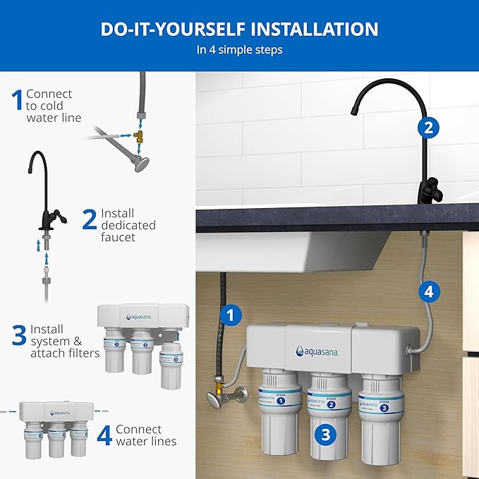 Aquasana Under Sink Water Filter | 3-Stage Filtration | Certified to Reduce up to 99.99% of PFAS, Lead, Chlorine, & More | Under Counter Drinking Water Filter | Brushed Nickel Faucet | AQ-6300-BN