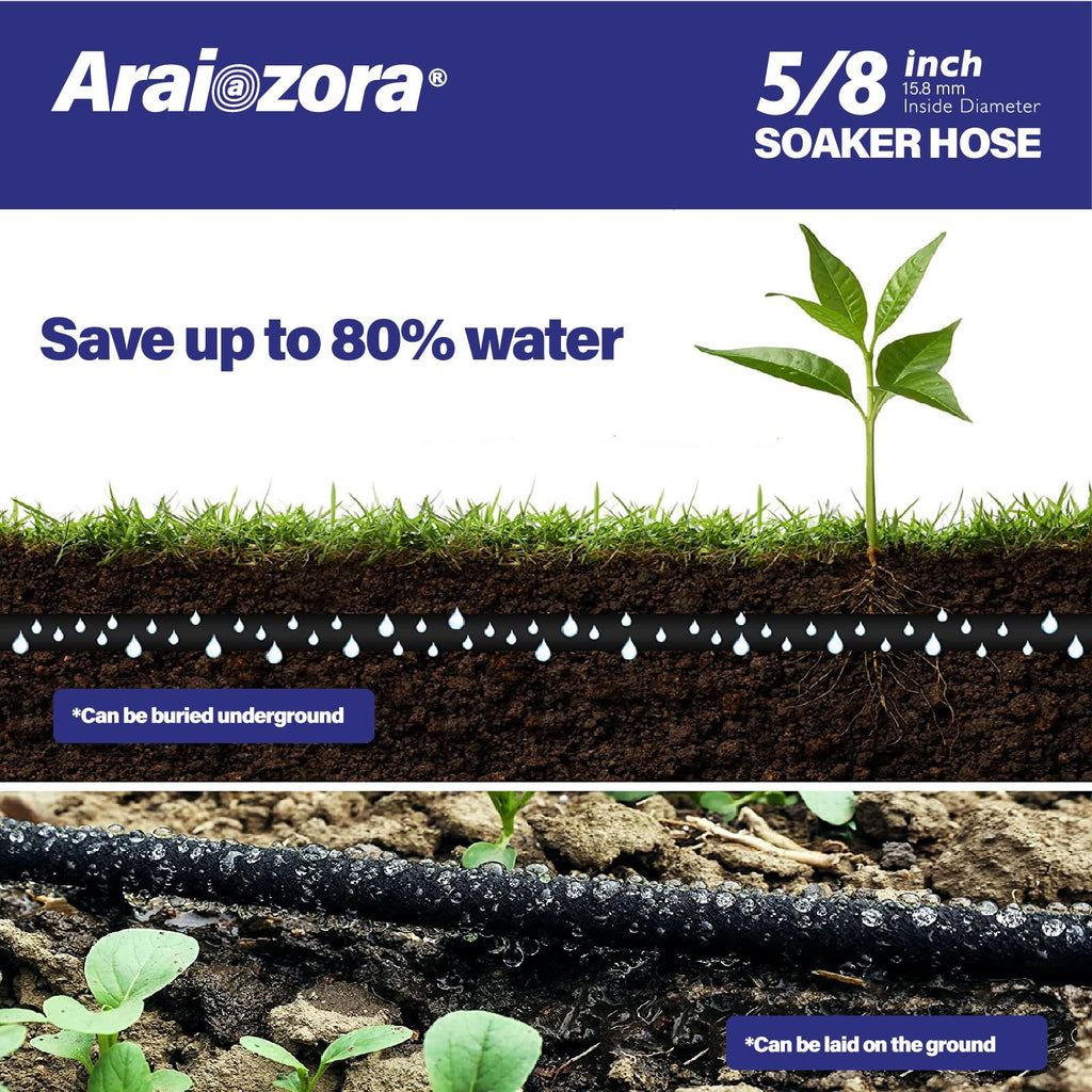 Araiozora Soaker Hose 100FT 5/8 Inch, Heavy Duty Leakproof Drip Irrigation Hose for Deep Watering Large Flower Beds, Estates & Landscaping