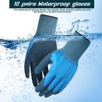Mimorou 12 Pairs Waterproof Work Gloves Double Coated Rubber,M,Blue
