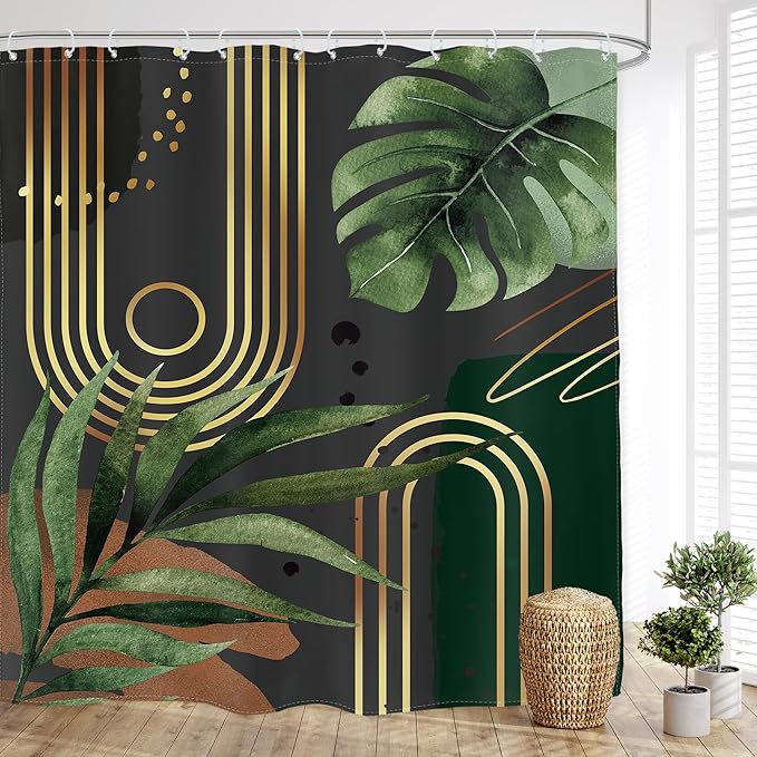 Glawry Dark Green Gold Boho Mid Century Shower Curtain Extra Long Abstract Minimalist Tropical Modern Geometric Leaf Bathroom Simple 72Wx84L Inches Bath Accessories Art Home Decor Fabric 12 Pack Hook
