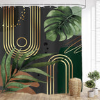 Glawry Dark Green Gold Boho Mid Century Shower Curtain Extra Long Abstract Minimalist Tropical Modern Geometric Leaf Bathroom Simple 72Wx84L Inches Bath Accessories Art Home Decor Fabric 12 Pack Hook