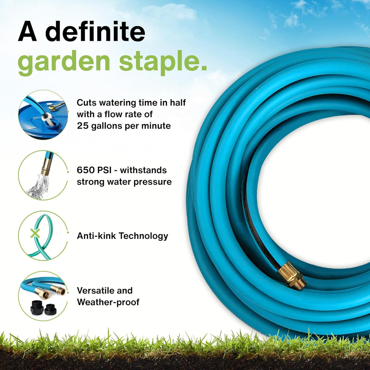 Aeromixer THE HOSE - 1 Inch Garden Hose 100 Ft, Includes Adapters 3/4 Spigots, Kinkless Commercial Garden Hoses, Heavy Duty Water Hoses for Outdoors, 650 PSI High-Pressure Watering Tool