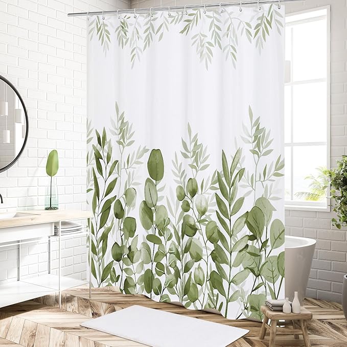 MitoVilla Sage Green Long Shower Curtain Set 72 x 78, Plant Leaves Fabric Shower Curtains 78 inch Long for Rustic Bathroom Decor, Chic Vintage Shower Curtain with Hooks
