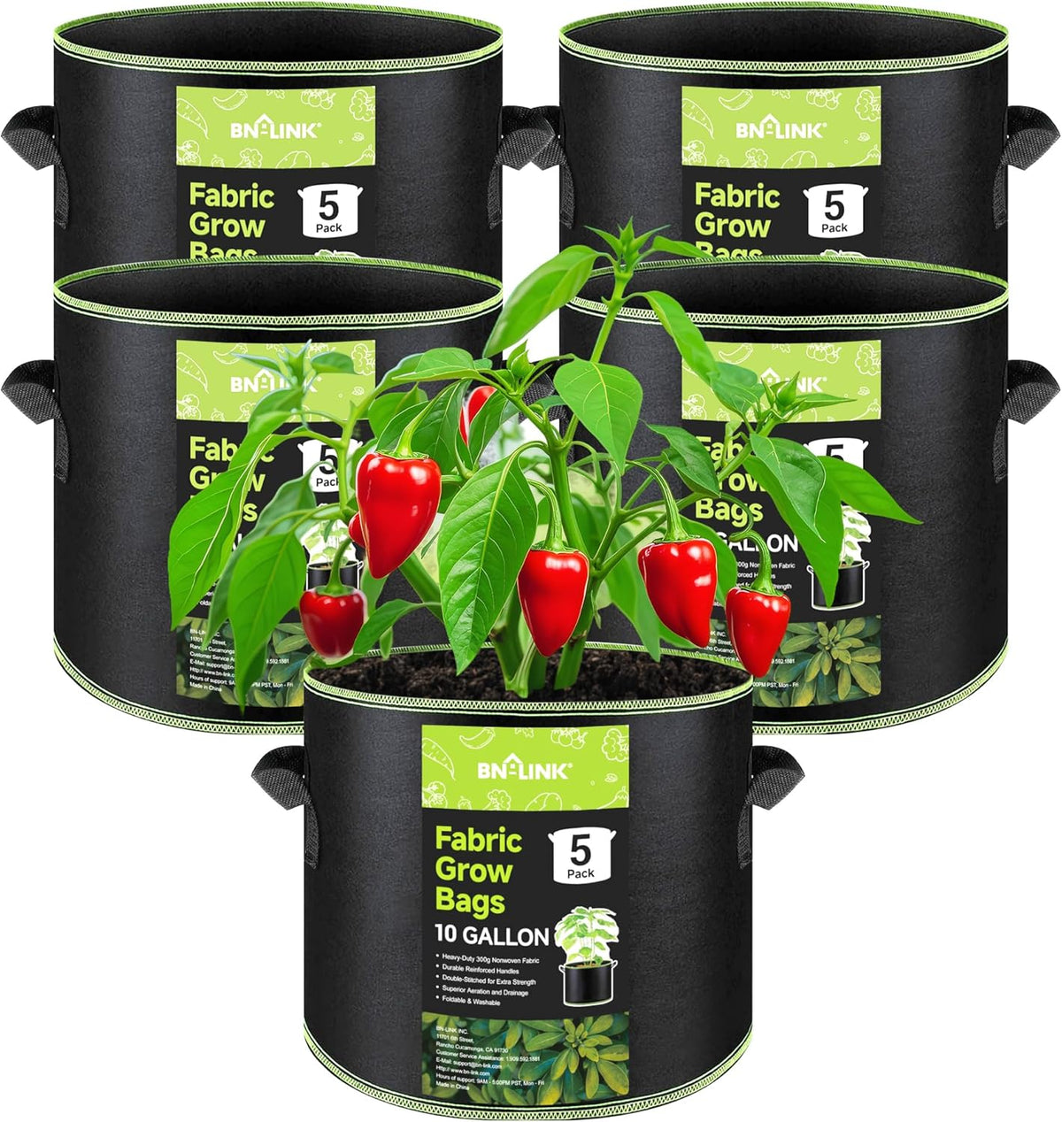 BN-LINK 5-Pack 10 Gallon Grow Bags, Heavy Duty Aeration Fabric Pots with Handles, Thickened Nonwoven Plant Bags for Vegetables, Flowers, Fruits
