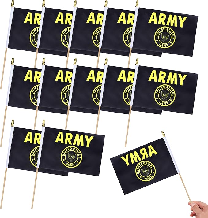 12Pcs Small USA Gold Crest Flags on Wooden Stick Mini Military Flag Hand Held Flag Decorations,5x8 Inch
