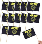 12Pcs Small USA Gold Crest Flags on Wooden Stick Mini Military Flag Hand Held Flag Decorations,5x8 Inch