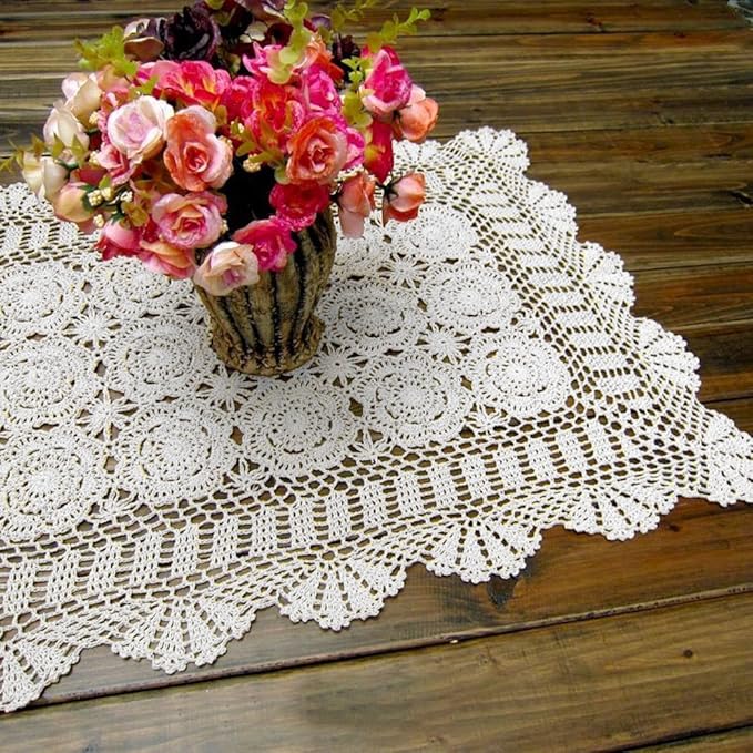 Cotton Handmade Crochet lace Table Runners Rectangular Tablecloth Doilies Doily Table Dresser Scarf Décor,19x31Inch,White