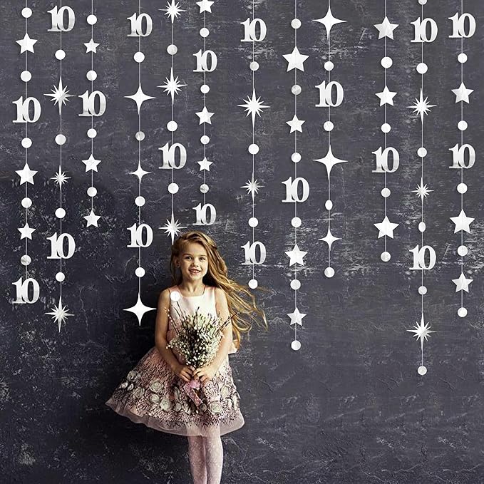 Silver 10th Birthday Decorations Number 10 Circle Dot Twinkle Star Garland Metallic Hanging Streamer Banner Backdrop for Girls Boys Double Digits Ten Year Old Birthday 10th Anniversary Party Supplies