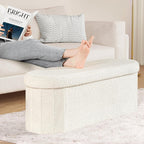 PINPLUS Storage Ottoman Bench Tufted Oval Ottomans Bench Foot Rest, Chest Box Velvet Bench with Storage, 43"x15"x15" (White)