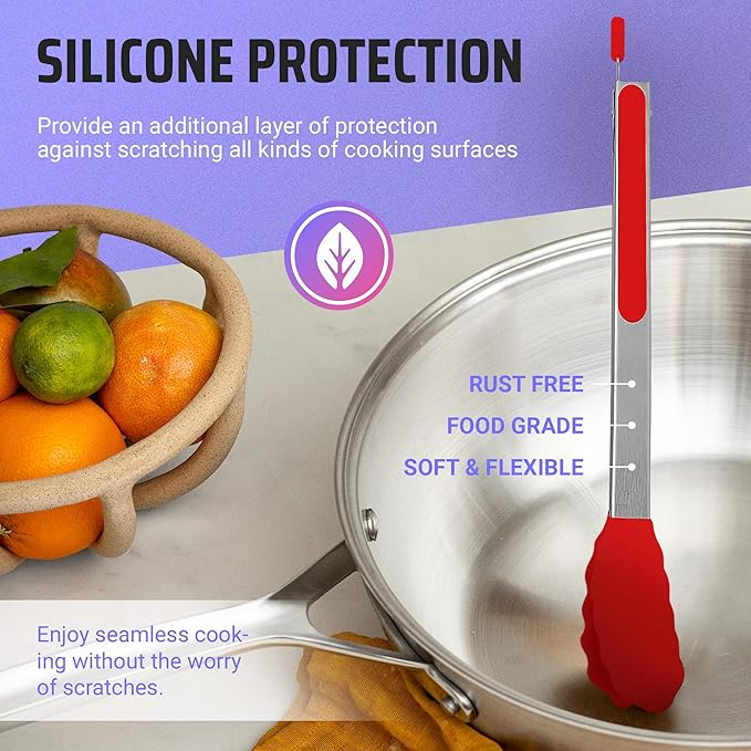 Kaluns Kitchen Tongs for Cooking Grilling Set of 4, BBQ Grill Tongs With Silicone Tip Stainless Steel Heat Resistant, Non-stick Pull Lock, Incl 7, 9, 12 Inch Tong Plus a Silicone Spatula