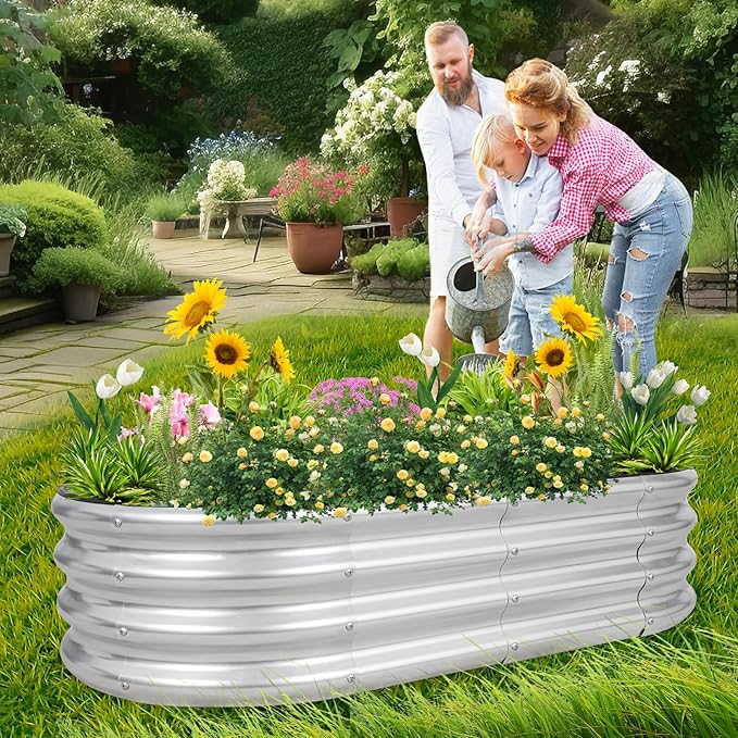 1MORE Galvanized Raised Garden Bed- Planter Garden Boxes Outdoor, Raised Beds for Gardening, 4x2x1ft Metal Garden Bed Kit for Vegetables Flower, Planter Raised Beds with Tools.Silver-2pack