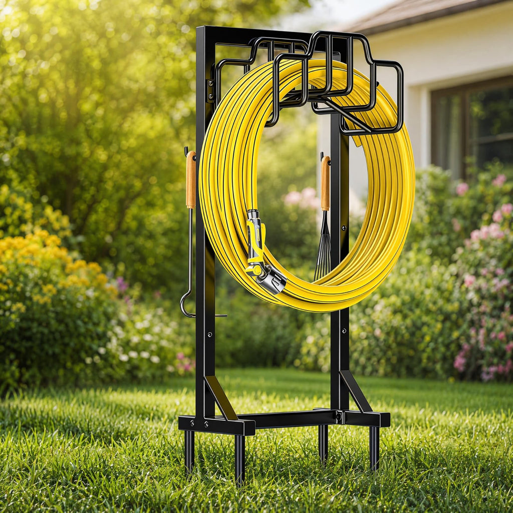 Skycarper Garden Hose Reel Holder Detachable Metal Water Hose Hanger Organizer Heavy Duty Free Standing Hose Stand (Deep Black)