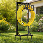 Skycarper Garden Hose Reel Holder Detachable Metal Water Hose Hanger Organizer Heavy Duty Free Standing Hose Stand (Deep Black)