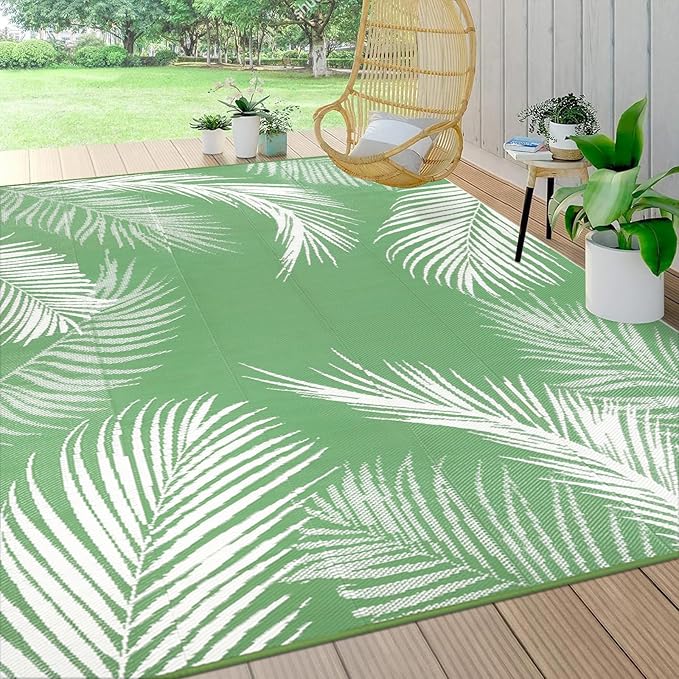 Pauwer Waterproof Outdoor Rug 9x12, Reversible Plastic Straw Patio Camping Rug, Indoor Outdoor RV Mat Carpet for Deck, Camper, Porch, Balcony, Backyard, Picnic, Leaf Green