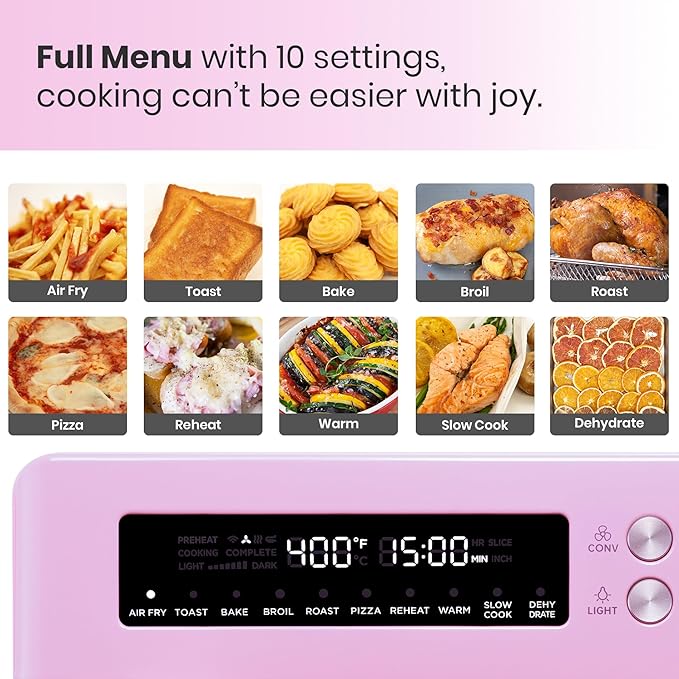 Retro Style Infrared Heating Air Fryer Toaster Oven, Extra Large Countertop Convection Oven 10-in-1 Combo, 6-Slice Toast, Enamel Baking Pan Easy Clean with Recipe Book, Classic Pink Color