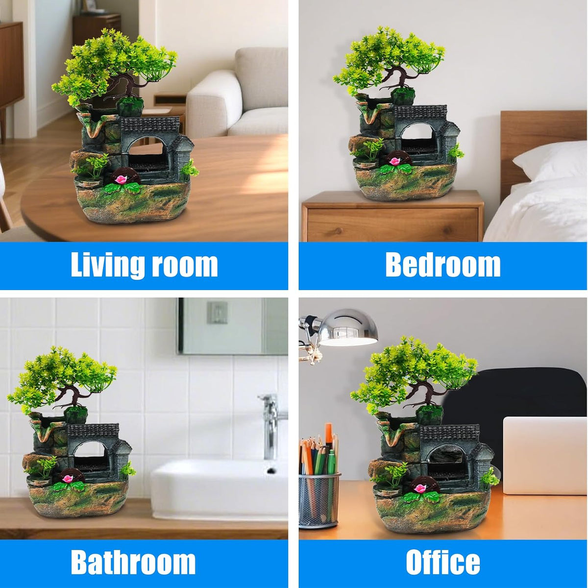 Tabletop Waterfall Fountain – 11 in Rockery Humidifier with Color-Changing LED Light, Adjustable Pump & Faux Bonsai Tree, Resin Indoor Desk Fountain Décor for Bedroom, Office, Aquarium, Meditation