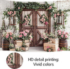 12x10ft Country Wedding Photography Backdrop Floral Rustic Roses Farmhouse Wooden Door Backdrop Pink Flower Birthday Baby Shower Wedding Bridal Party Banner Photo Booth Props Anniversary Background