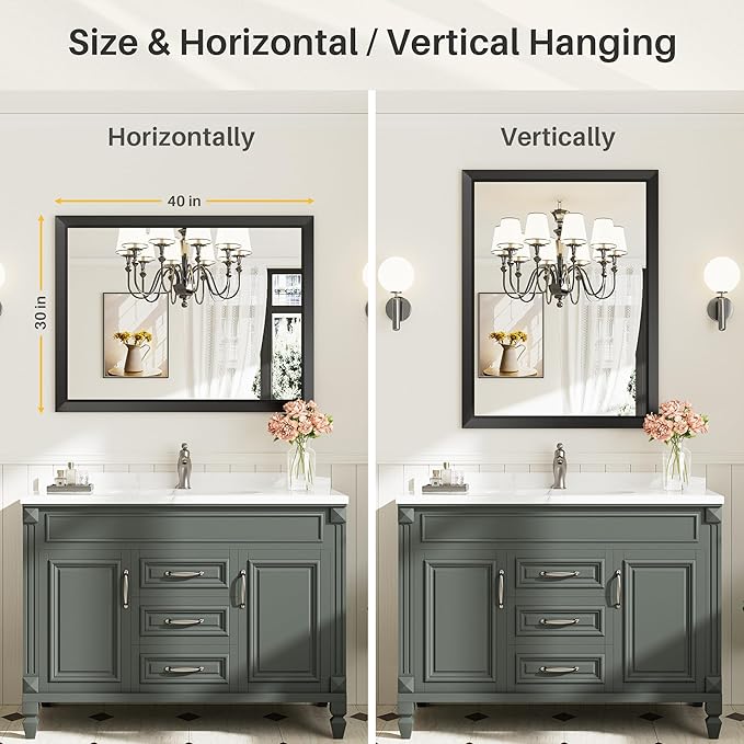 40x30 Inch Black Bathroom Mirror for Wall, Thick Metal Framed Rectangle Mirrors for Over Sink, Bedroom, Living Room, Entryway, Anti-Rust, HD Tempered Glass