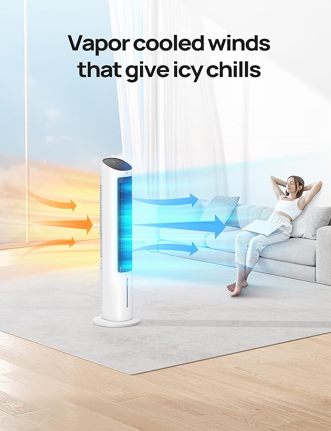 Dreo Tower Fan for Bedroom, 40" Evaporative Air Cooler, Cooling Fans That Blow Cold Air with 80° Oscillating, Removable Water Tank, 3 Modes 4-Speed, Remote Control, Quiet Floor Fan, White and Black