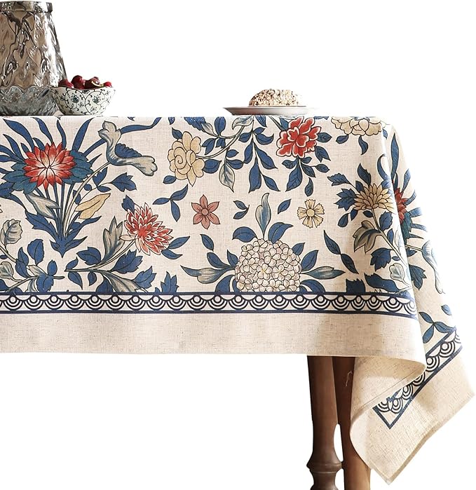 patdrea Designer Blue Tablecloth for Rectangle Table,Vintage Linen with Leaves and Floral Pattern Long Tablecloths,Farmhouse Decor Cover for Kitchen Dining Christmas,Thanksgiving,63"x102"-Ivar a