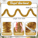 50 Feet Champagne Gold Christmas Tinsel Garland, Metallic Foil Twist Banner Wall Hanging Tinsel Streamers Backdrop for Parade Floats, Christmas, Mother's Day, Birthday Party Decorations(2in x 50ft)
