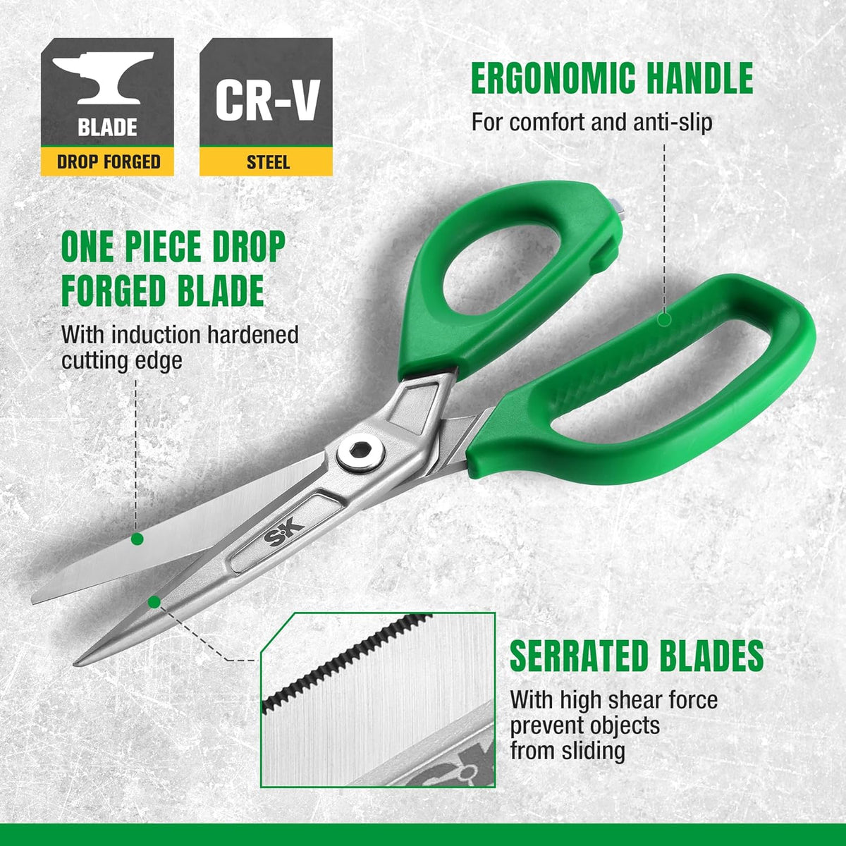 SK 9" Heavy Duty Scissors, All Purpose Shears, Premium CR-V Steel Construction, One Piece Drop Forged Blades, Ergonomic Handle for Comfortable Grip
