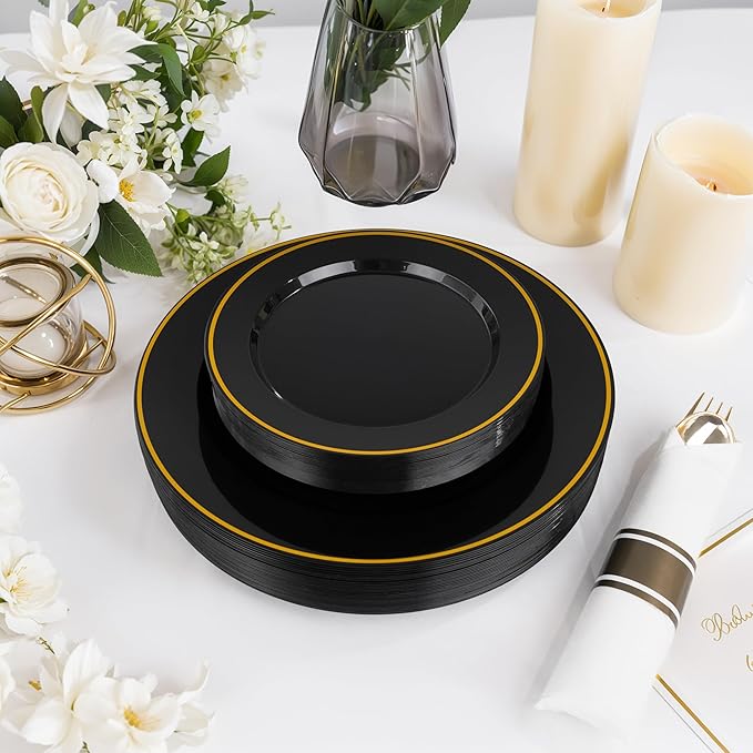 SUT 175 Pcs Black and Gold Plastic Dinnerware Set for 25 Guests, Include: 25 Dinner Plates, 25 Dessert Plates, 25 Pre Rolled Napkins With Silverware, 25 Cups, Disposable Plates for Halloween, Party