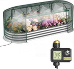 Lineware Raised Garden Bed with Sprinkler Timer and Self-Watering System, 8x3x1 ft Elevated Planter Boxes Outdoor with Mesh Cover, Oval Raised Beds for,Vegetables,Flowers, Backyard, Patio