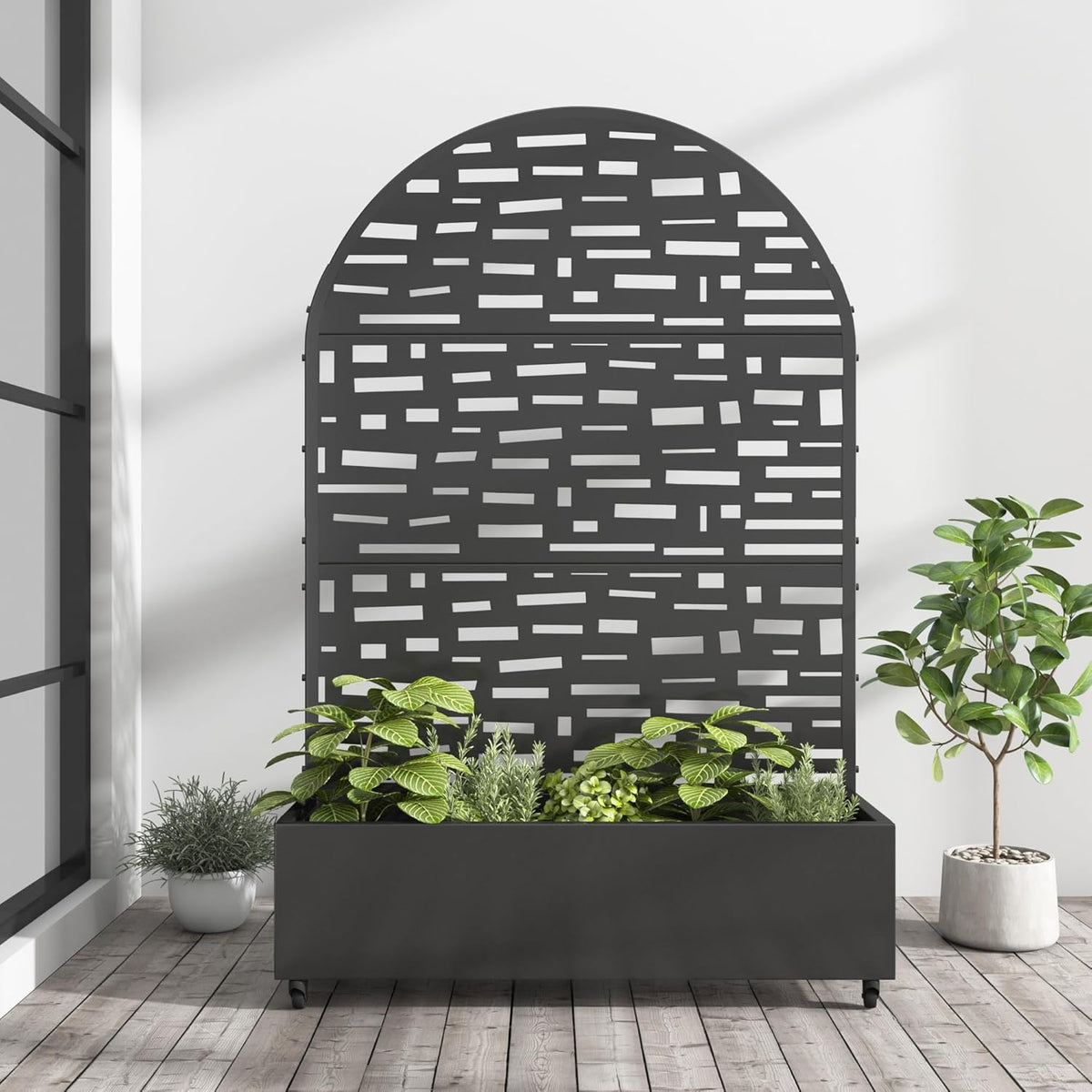 Casaphoria Metal Raised Garden Bed with Trellis and Wheels, 72"x47"x16" Arched Planter Box for Climbing Plants, Vegetables & Vines, Features Drainage Holes and Privacy Screen (Black-Gerald)