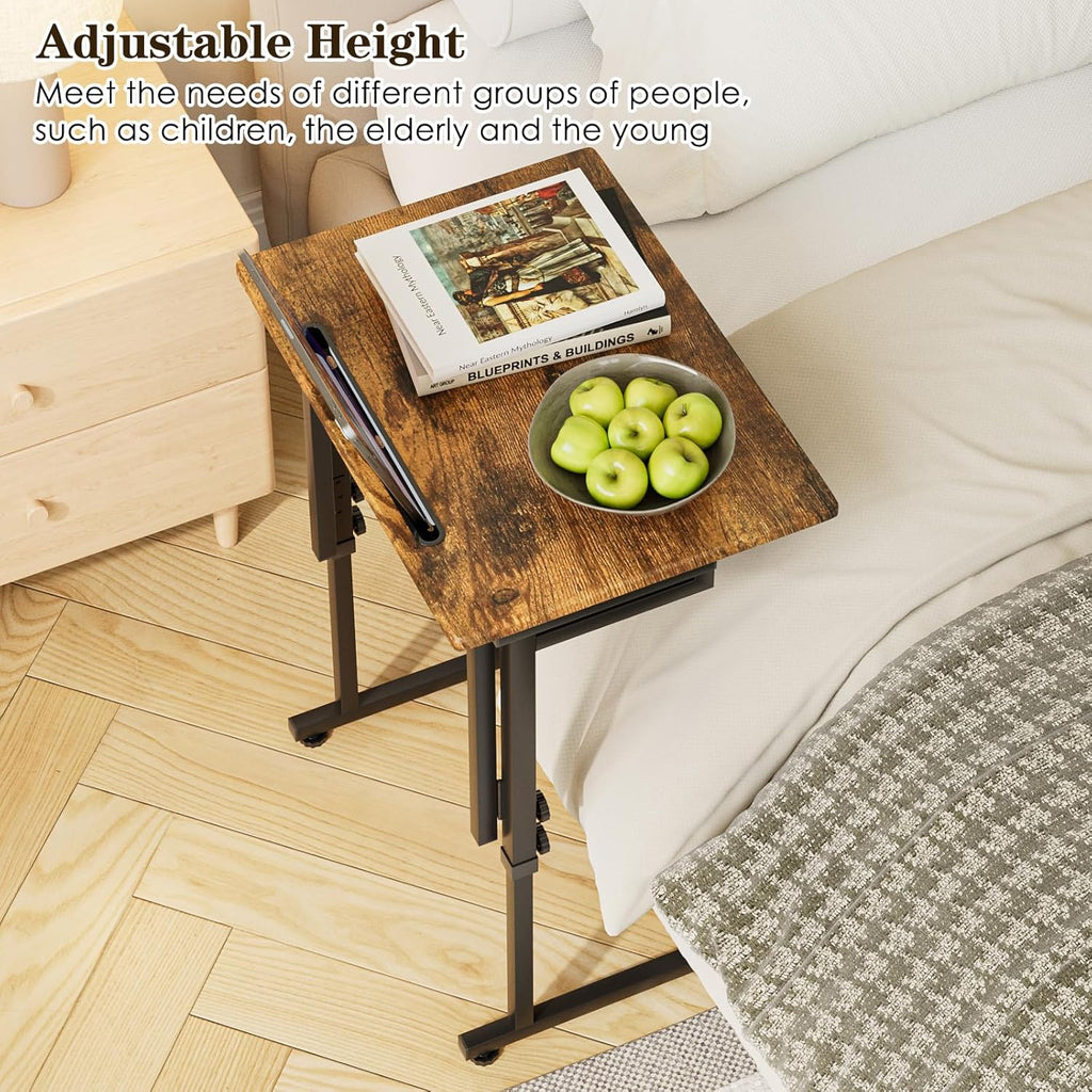 Adjustable Folding TV Tray Table,TV Dinner Small Foldable C-Shaped End Table for Eating,6 Height Adjustable Slide Under Couch Side with Sturdy MDF Top,No Assembly(Brown,2Pcs)