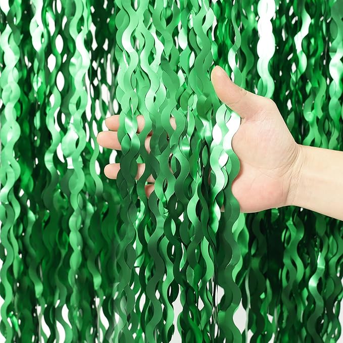 4Pcs Wavy Green Fringe Backdrop -3.3x6.6ft Green Streamer Foil Curtains for Jungle Party Decorations | St Patricks Day Decorations | Football Decorations | Xmas